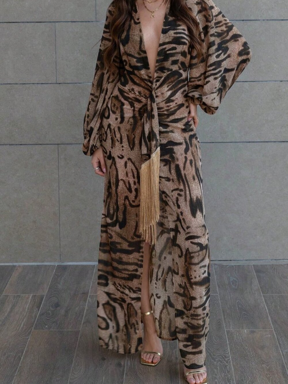 Brown Sexy Women's Elegant Tassel Zebra Print Long Sleeved Maxi Dress - Picture 5 of 6